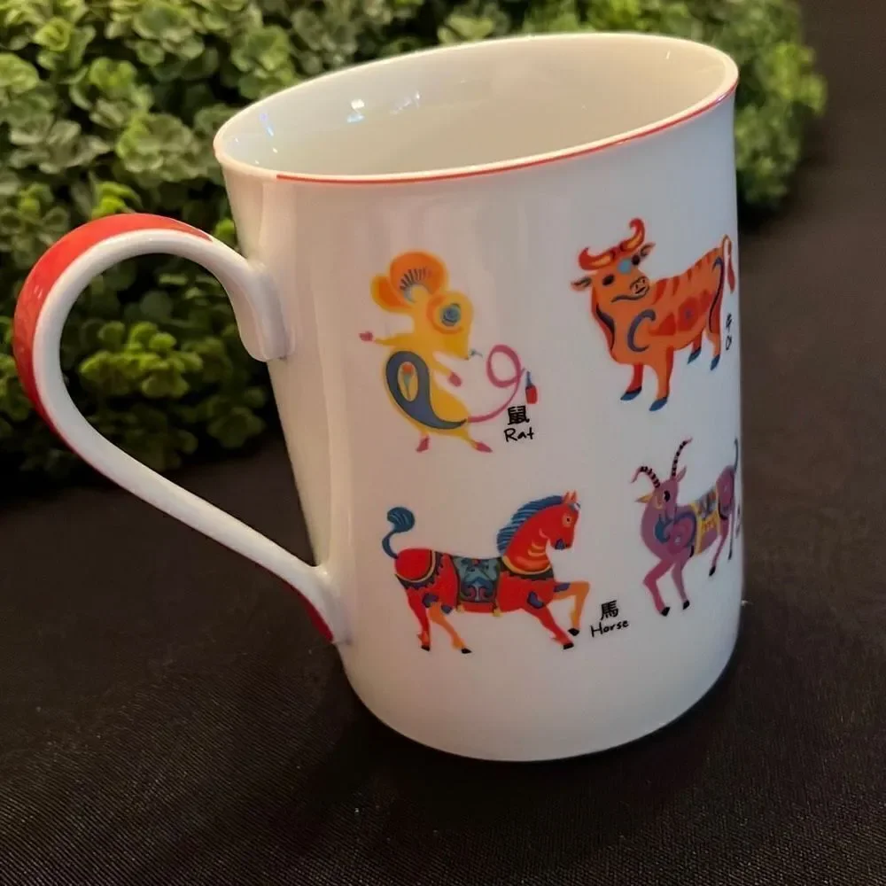 Pier 1 Chinese Zodiac Coffee Tea Mug Cup Porcelain White Red Handle